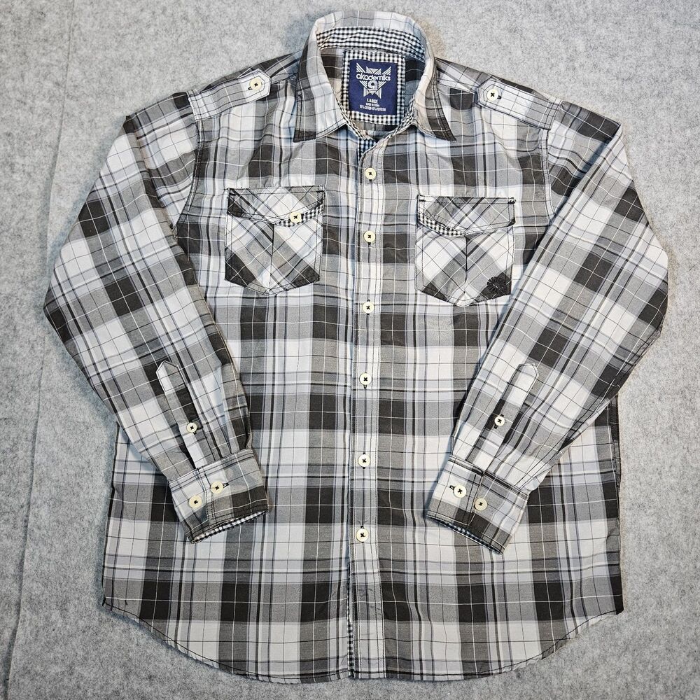 Akademiks Mens Black Grey White Plaid Button Up Shirt Urban Rustic Size Large